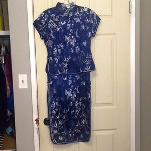 Beautiful Chines style cheongsam dress in rich cobalt blue and silver embroidery